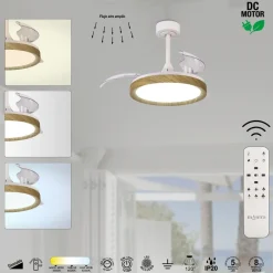 Ventilatori Da Soffitto-Selezionato da Mazzolaluce Plafoniera ventilatore pale retrattili bianco e legno led cct stanza 13mq