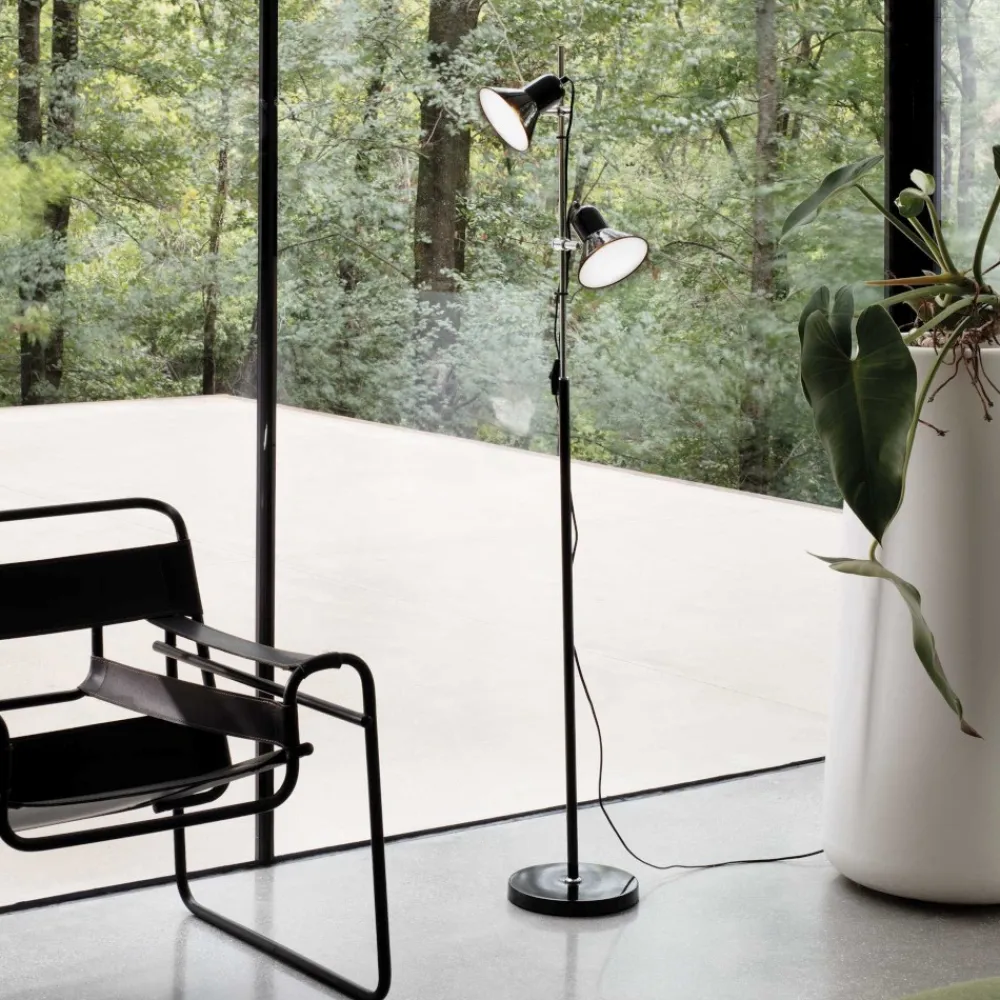 Lampade Da Terra-Ideal Lux Polly pt2 piantana nera da lettura due luci orientabili