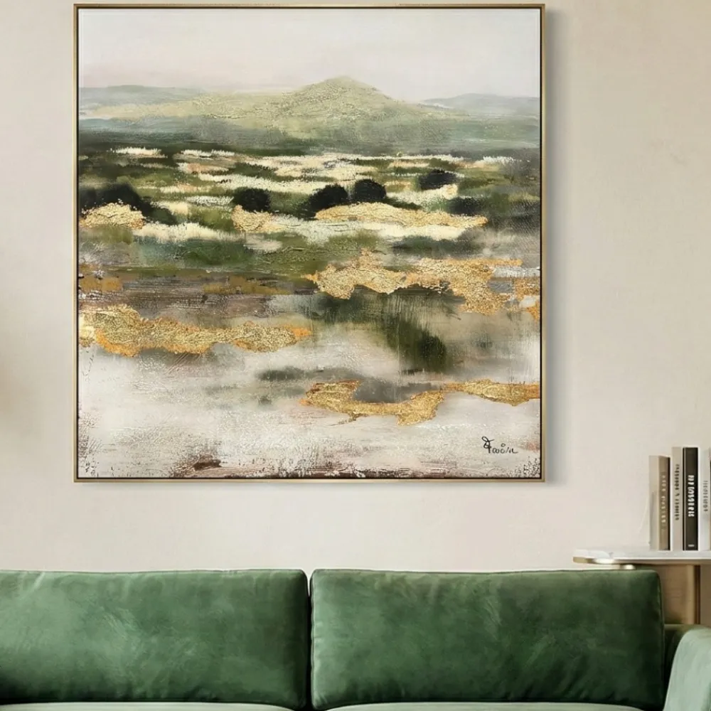 Quadri Moderni-Selezionato da Mazzolaluce Quadro astratto materico 100x100 moderno verde oro con cornice