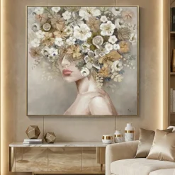 Quadri Moderni-Selezionato da Mazzolaluce Quadro donna floreale 100x100 decorato materico cornice oro