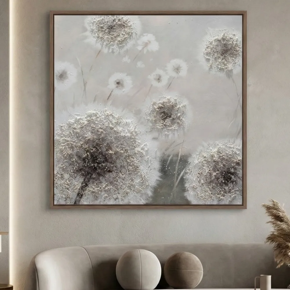 Quadri Moderni-Selezionato da Mazzolaluce Quadro fiori denti di leone 102x102 dipinto a mano a rilievo con cornice