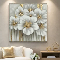 Quadri Moderni-Selezionato da Mazzolaluce Quadro floreale bianco grigio oro materico con cornice 100x100