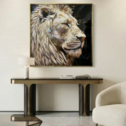 Quadri Moderni-Selezionato da Mazzolaluce Quadro leone in resina decorata 90x90 cornice oro per soggiorno