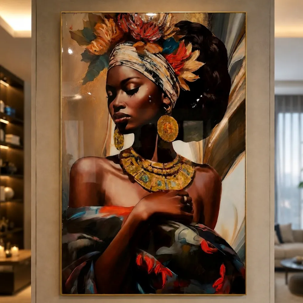Quadri Moderni-Selezionato da Mazzolaluce Quadro verticale donna intensa 80x120 in resina decoro cornice oro