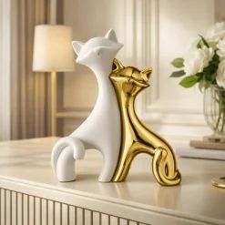 Soprammobili Moderni-Bongelli Preziosi Scultura gatti bianco oro soprammobile 24x29cm