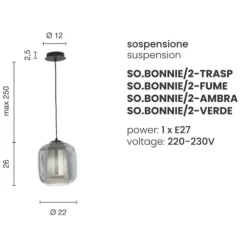Lampade A Sospensione-Ondaluce So bonnie 2 fume lampada a sospensione vetro per bancone base nero
