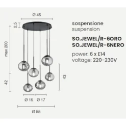 Lampadari Moderni-Ondaluce So jewel lampadario 6 luci nero 6 sfere vetro fume