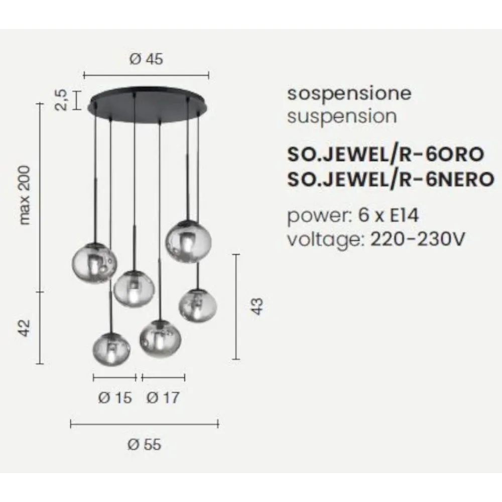 Lampadari Moderni-Ondaluce So jewel lampadario 6 luci nero 6 sfere vetro fume