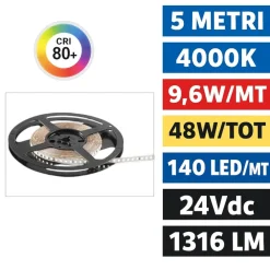 Strisce Led-Gea Luce Striscia bobina 5 metri led 9,6w-mt 4000k 24vdc