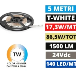 Strisce Led-Selezionato da Mazzolaluce Striscia led 24vdc bobina 5mt 17,3w-mt da 2700k a 6000k cri90