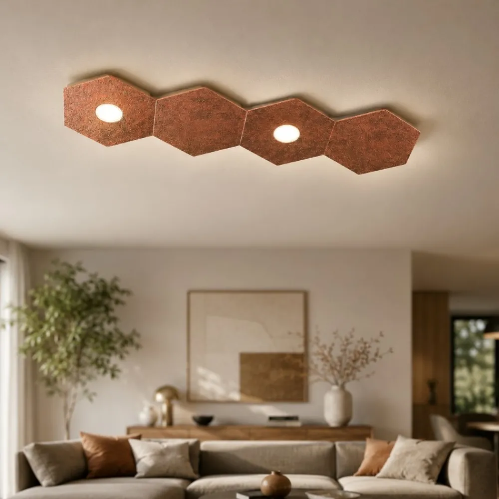 Plafoniere Moderne-Top Light Toplight hexagon plafoniera led componibile foglia rame 2 luci + 2 piastre