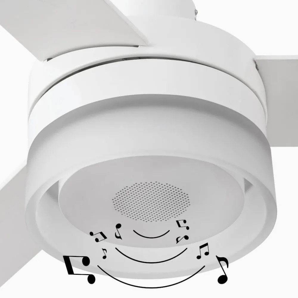 Ventilatori Da Soffitto-Selezionato da Mazzolaluce Ventilatore da soffitto bianco con cassa bluetooth con luce led 3000k tetto inclinato 28mq