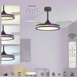 Ventilatori Da Soffitto-Selezionato da Mazzolaluce Ventilatore da soffitto pale retrattili nero moderno led cct rgb stanza 13mq