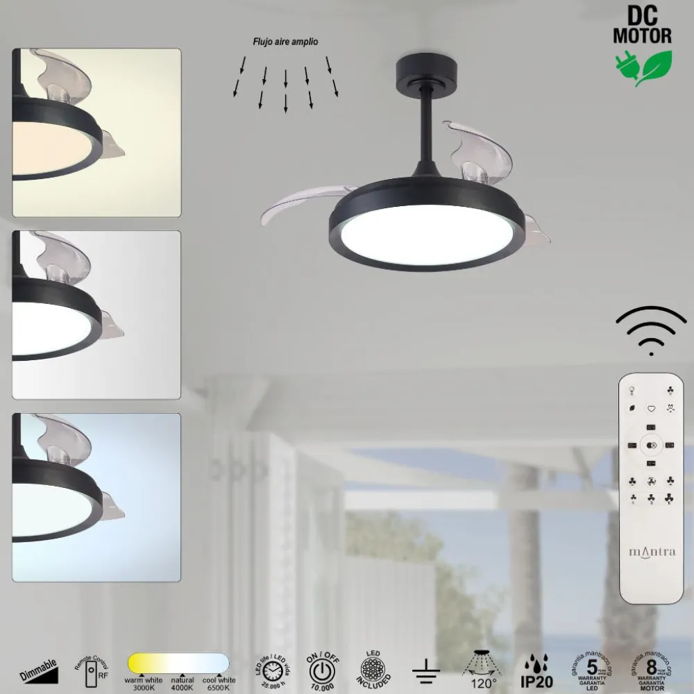 Ventilatori Da Soffitto-Selezionato da Mazzolaluce Ventilatore pale a scomparsa nero ambiente max 13mq led cct e telecomando