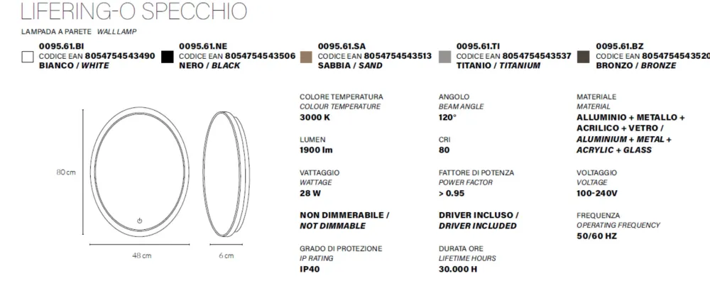 Specchi Da Parete-Vivida International Vivida lifering-o specchio ovale bianco touch led 28w 3000k per ingresso moderno